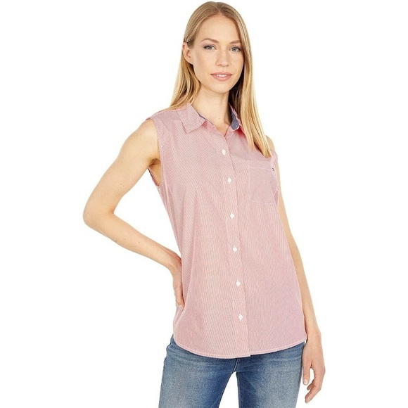 TOMMY HILFIGER Striped Sleeveless Button Down Shirt in Red and White - Picture 1 of 7